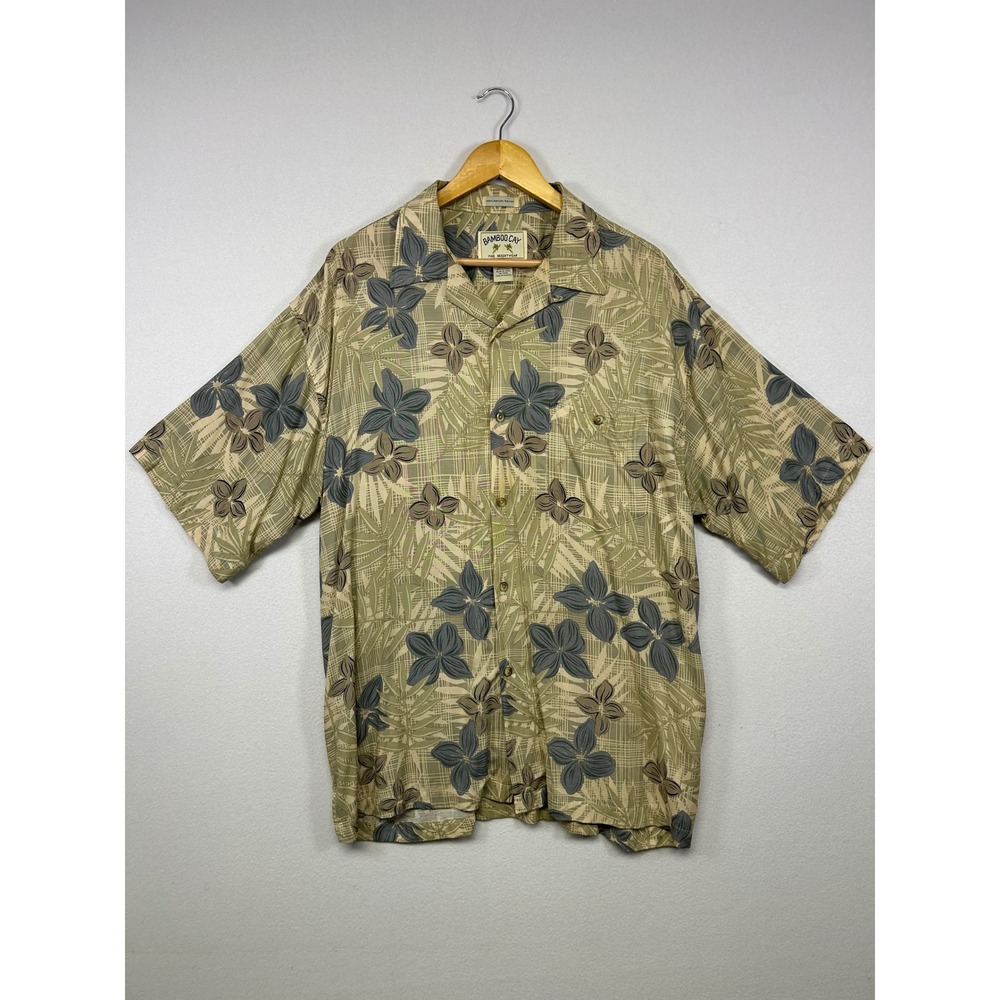 Tropical Aloha Bamboo Cay Mens XL Green Floral Rayon Short Sleeve Camp Shirt
